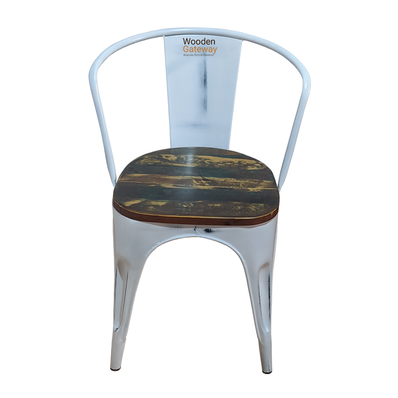 White Distress Wood Seat Metal Chair