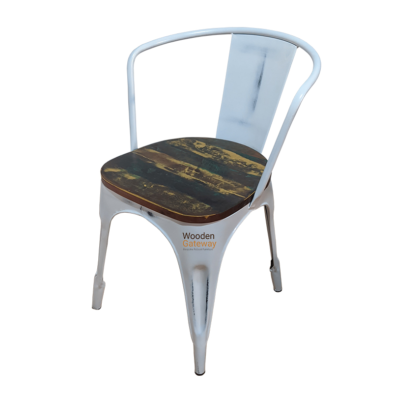 White Distress Wood Seat Metal Chair